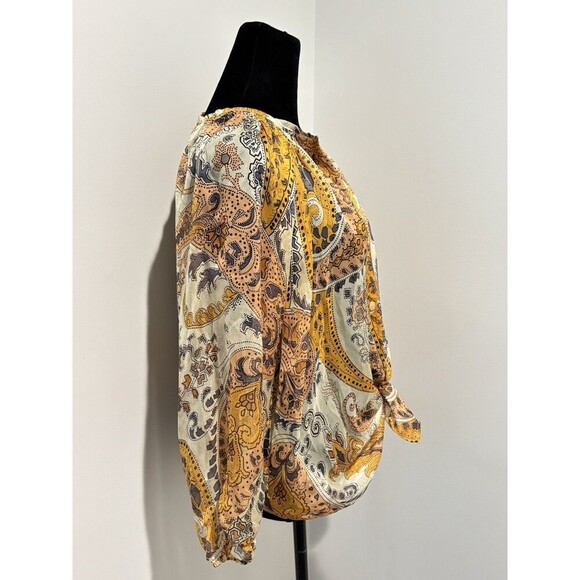 TUCKER Yellow Cream Paisley Silk Boho Peasant Button Front L/S Blouse Top Medium - Picture 2 of 7